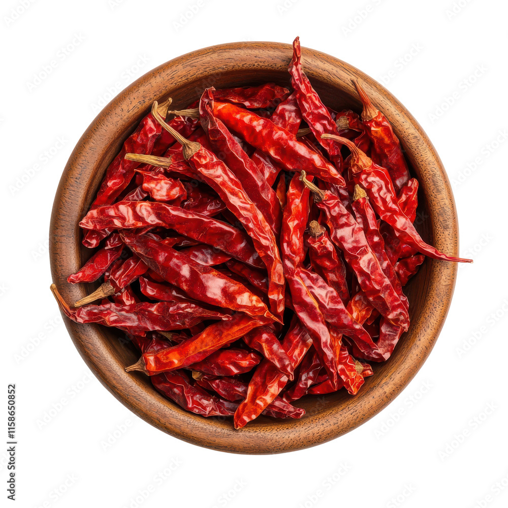 Dried red chili peppers in a wooden bowl, showcasing vibrant color and texture for culinary uses and spice recipes on white or transparent png Dried red chili peppers in a wooden bowl, showcasing vibrant color and texture for culinary uses and spice recipes on white or transparent png