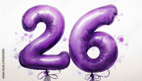 Purple birthday / anniversary balloon, number 26, watercolor painting with white background photo