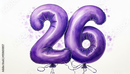 Purple birthday / anniversary balloon, number 26, watercolor painting with white background photo