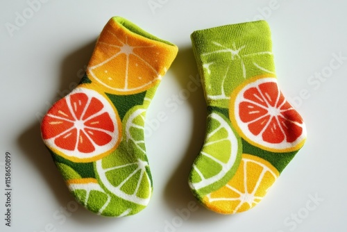 a pair of oven mitts decorated with fruit photo