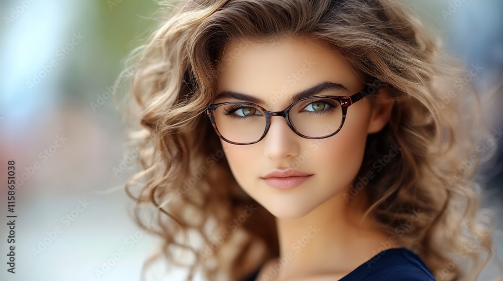 Fototapeta premium Close-up Photo: Confident Woman Gracefully Wearing Stylish Eyeglasses Outdoors. AI Generated