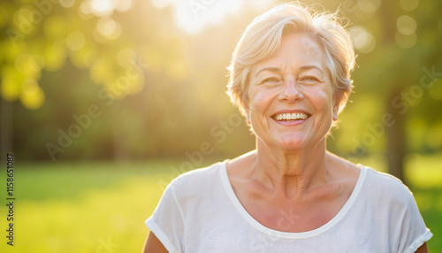 Smiling woman enjoying nature in sunlit park