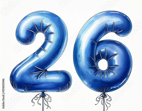 Blue birthday / anniversary balloon, number 26, watercolor painting with white background photo