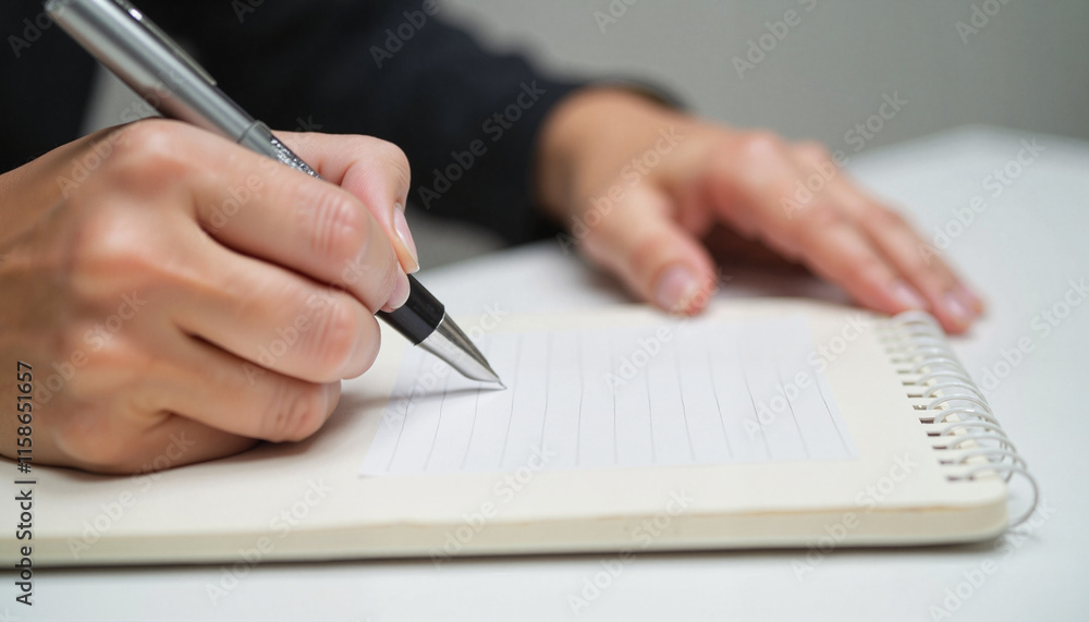Person writing with a pen on blank notepad Person writing with a pen on blank notepad