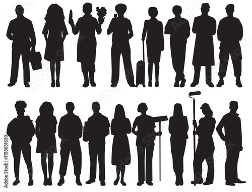 silhouette of professional. Collection of different occupation people group of diverse workers of various professions and specialists standing together.