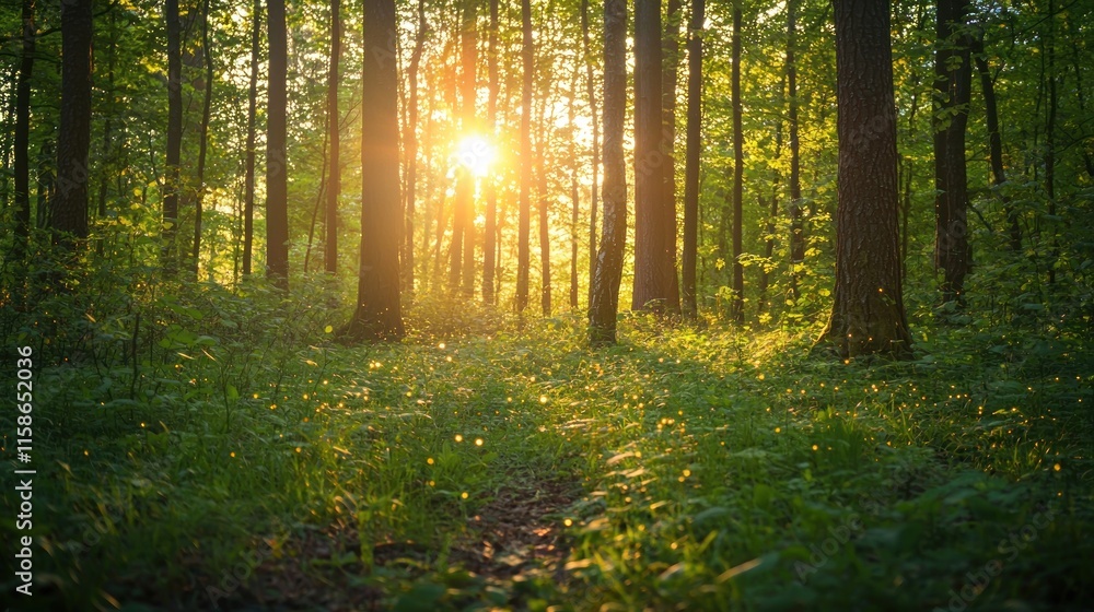 Fototapeta premium A serene forest scene with sunlight filtering through trees, creating a peaceful atmosphere.