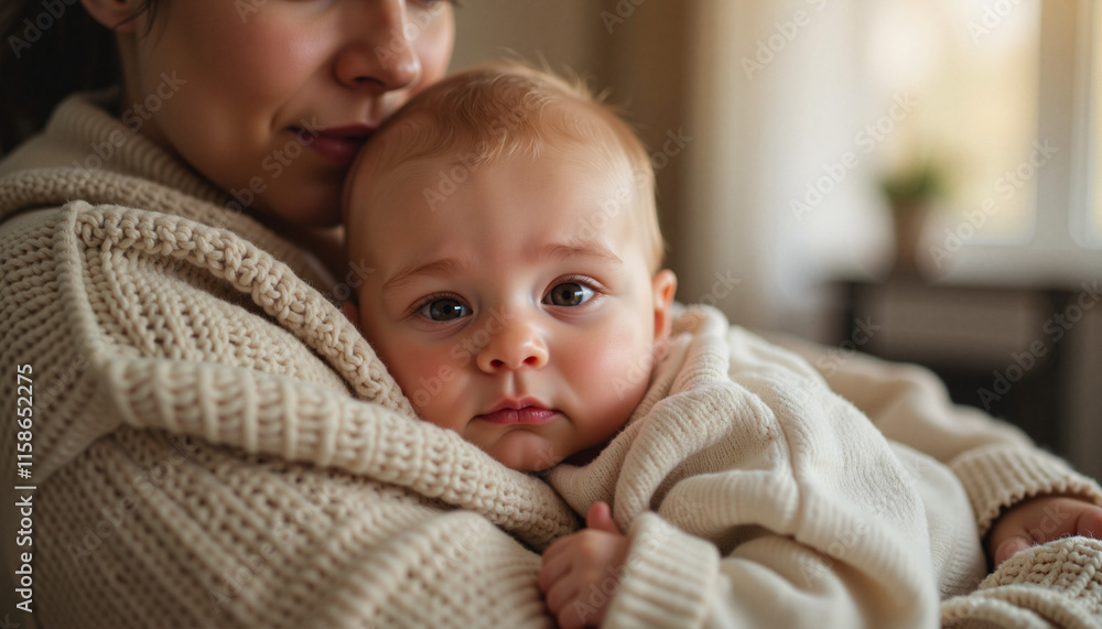 Mother holding baby with gentle expression in cozy interior Mother holding baby with gentle expression in cozy interior
