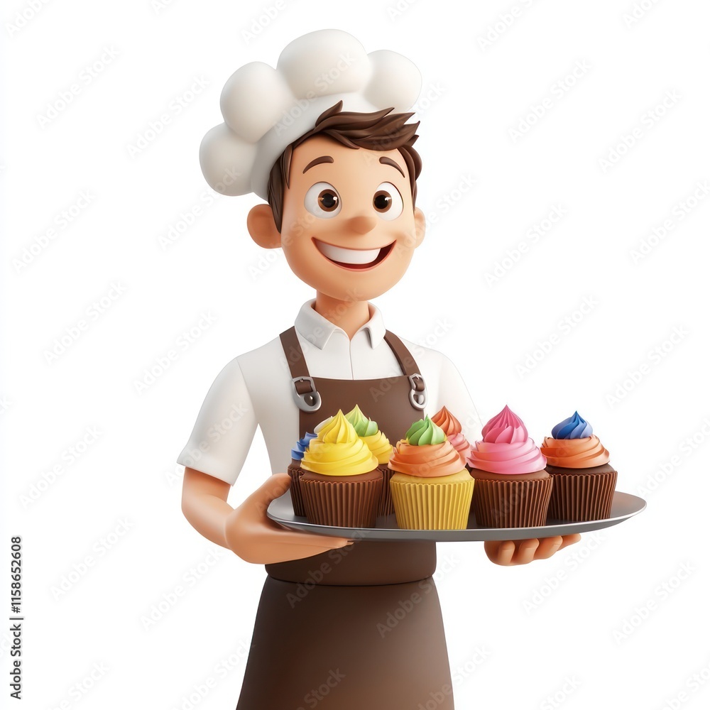 A happy baker holding a tray of cupcakes. vector style art 3d illustration Isolated on White Background A happy baker holding a tray of cupcakes. vector style art 3d illustration Isolated on White Background