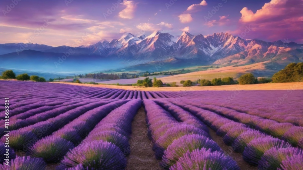 A majestic lavender field stretching to the horizon with the mountainous landscape creating a spectacular contrast A majestic lavender field stretching to the horizon with the mountainous landscape creating a spectacular contrast