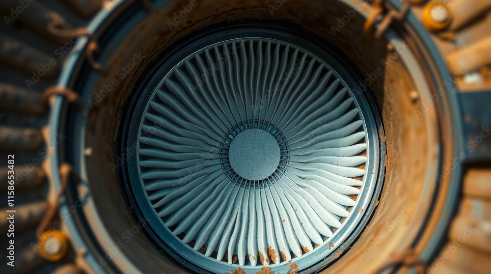 Close-Up of Jet Engine Turbine With Intricate Blades and Industrial Design Close-Up of Jet Engine Turbine With Intricate Blades and Industrial Design