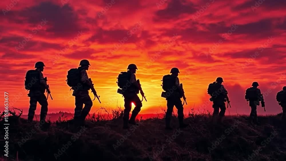 Military troops in silhouette walking across a ridge at sunset, rifles slung over their shoulders, sky lit in deep hues of red and gold Military troops in silhouette walking across a ridge at sunset, rifles slung over their shoulders, sky lit in deep hues of red and gold
