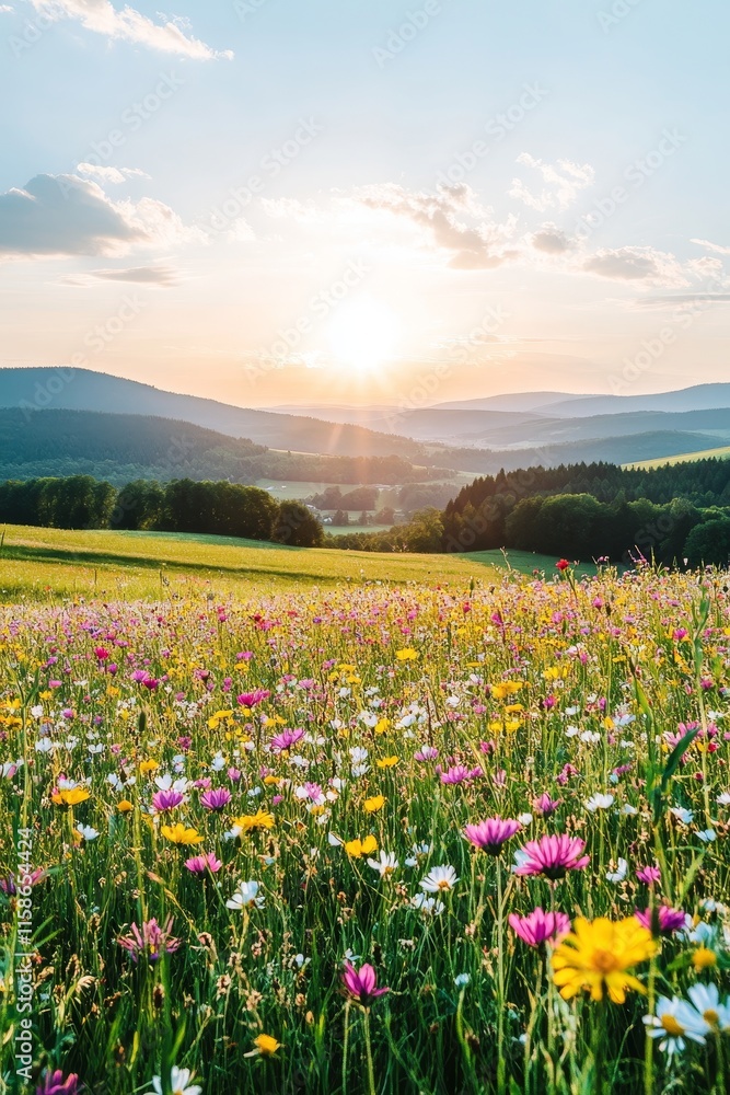Obraz premium Sunset over Blooming Wildflower Meadow, Scenic Landscape with Colorful Wildflowers and Mountains