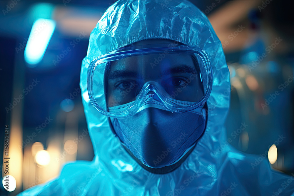 Researcher wearing protective gear handling biohazardous materials in a biotech lab Researcher wearing protective gear handling biohazardous materials in a biotech lab