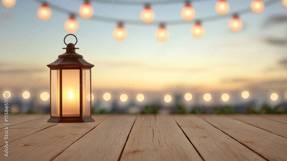 Softly Glowing Lantern at Dusk with Bokeh Lights Softly Glowing Lantern at Dusk with Bokeh Lights
