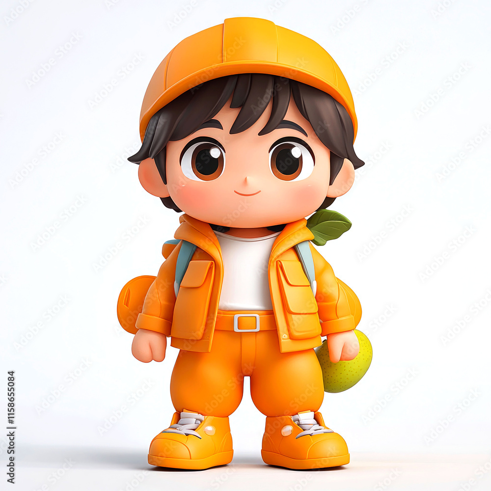 Cute cartoon boy in orange construction outfit.