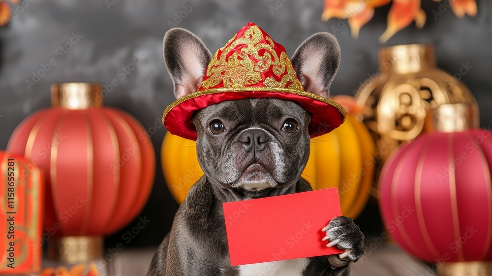 French Bulldog in Red and Gold Attire French Bulldog in Red and Gold Attire