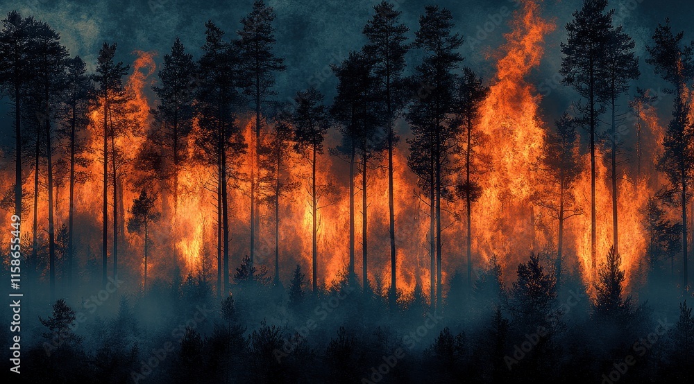A dramatic forest fire engulfs trees in flames, creating a stark contrast against a dark, smoky background. A dramatic forest fire engulfs trees in flames, creating a stark contrast against a dark, smoky background.