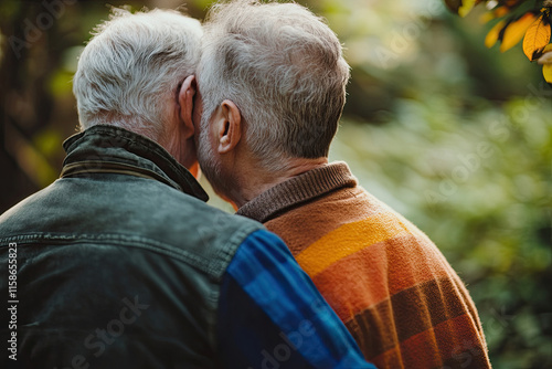 Older LGBTQ+ couple enjoying a quiet moment together, celebrating lifelong love photo