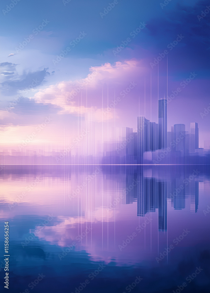 Fototapeta premium Futuristic Urban Elegance Serene Blue Horizons with Skyscraper Reflections for Buildings Modern Property Launch Aesthetic City Landscape Banner Abstract Lines Background