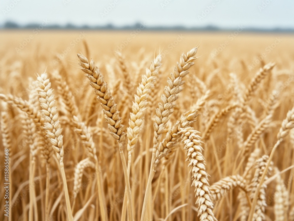 Fototapeta premium Close-up of a wheat field with golden ears swaying in the wind under a clear sky, portraying a serene and abundant agricultural scene.