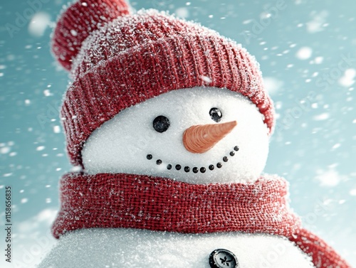 A charming 3D snowman wearing a red hat and scarf stands against a snowy backdrop, showcasing detailed textures and a whimsical, festive atmosphere. photo