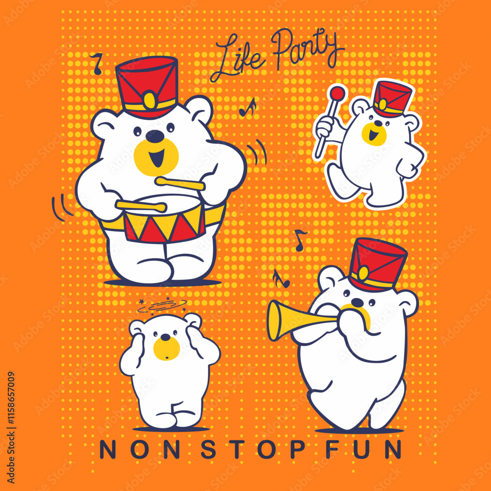 Naklejka premium Cartoon animal marching band parade instruments, vector illustration.