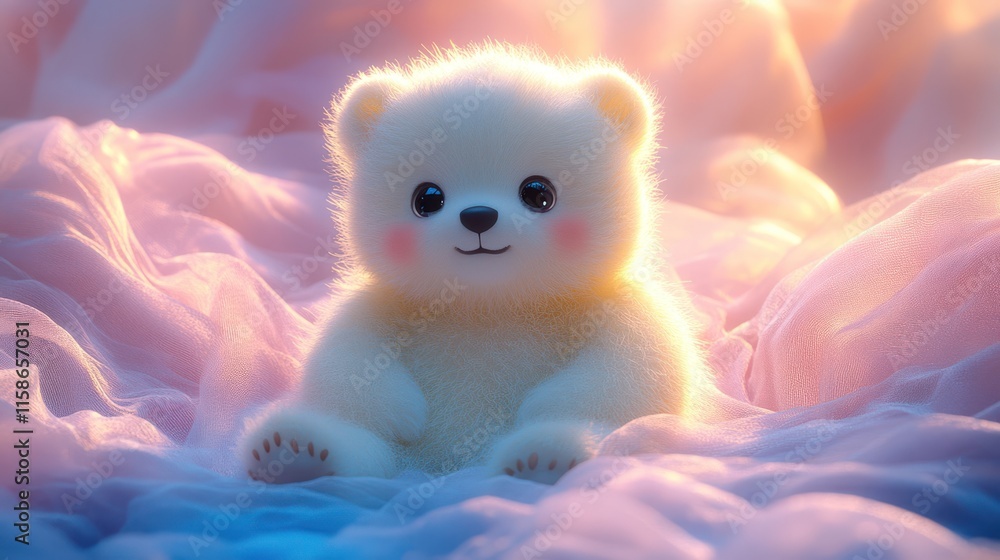 Cute white plush polar bear cub sitting on soft pink fabric. Cute white plush polar bear cub sitting on soft pink fabric.