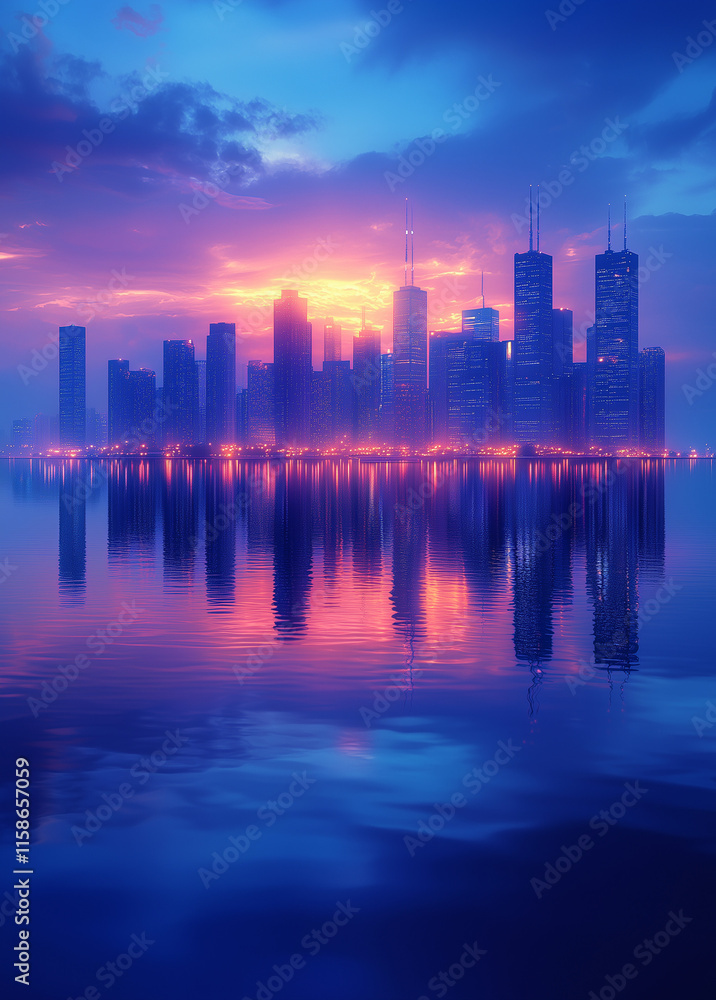 Fototapeta premium Futuristic Urban Elegance Serene Blue Horizons with Skyscraper Reflections for Buildings Modern Property Launch Aesthetic City Landscape Banner Abstract Lines Background