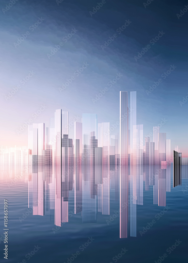 Fototapeta premium Futuristic Urban Elegance Serene Blue Horizons with Skyscraper Reflections for Buildings Modern Property Launch Aesthetic City Landscape Banner Abstract Lines Background