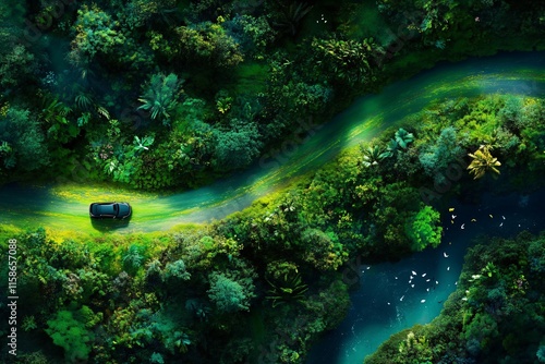 Experience Serenity in Nature: Aerial View of Lush Green Forest with Winding River and Solitary Stone Bench. photo