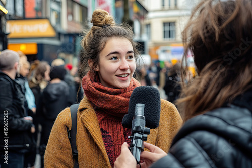 Journalist interviewing a local resident during a street event