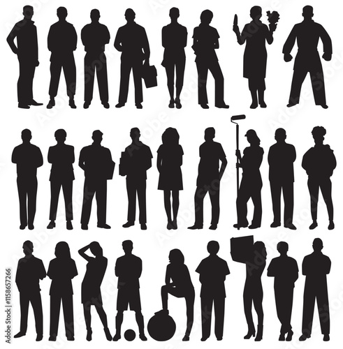 People with various occupations and professions standing together. silhouettes set collection of diverse professional on isolated white background.	

