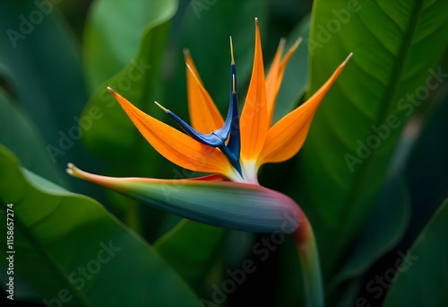 Bird of paradise flower blooming in tropical garden