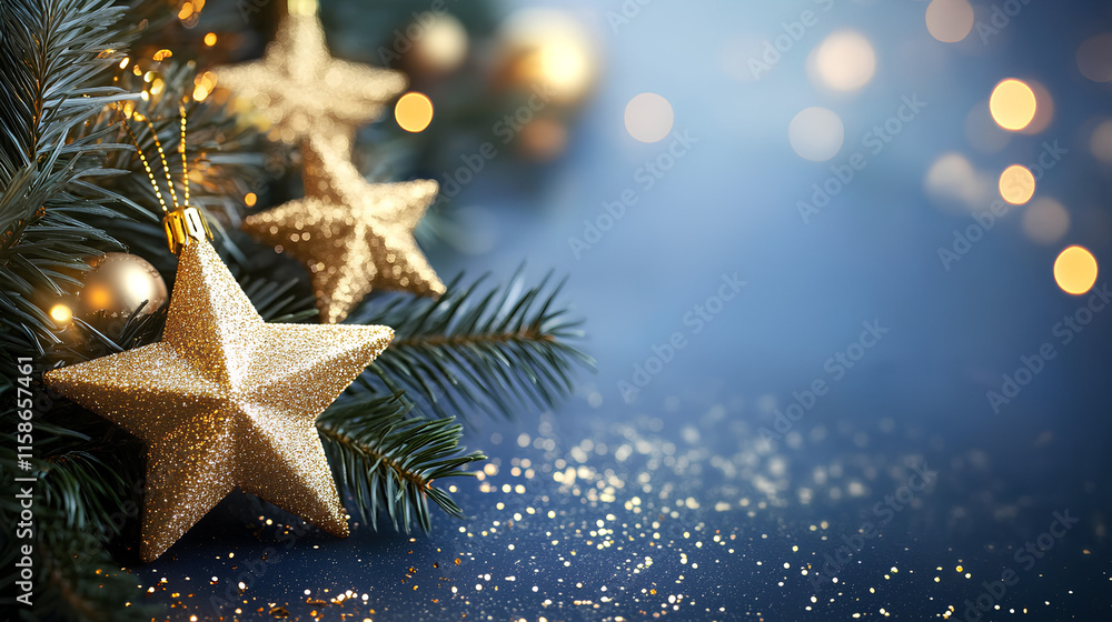 New Year background with gold stars and shimmering glitter on a dark blue sky-like backdrop. Holiday banner, web designs, seasonal promotional material, festive greeting card, copy space New Year background with gold stars and shimmering glitter on a dark blue sky-like backdrop. Holiday banner, web designs, seasonal promotional material, festive greeting card, copy space