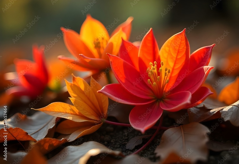 Obraz premium Vibrant haemanthus multiflorus flowers blooming amidst fallen autumn leaves