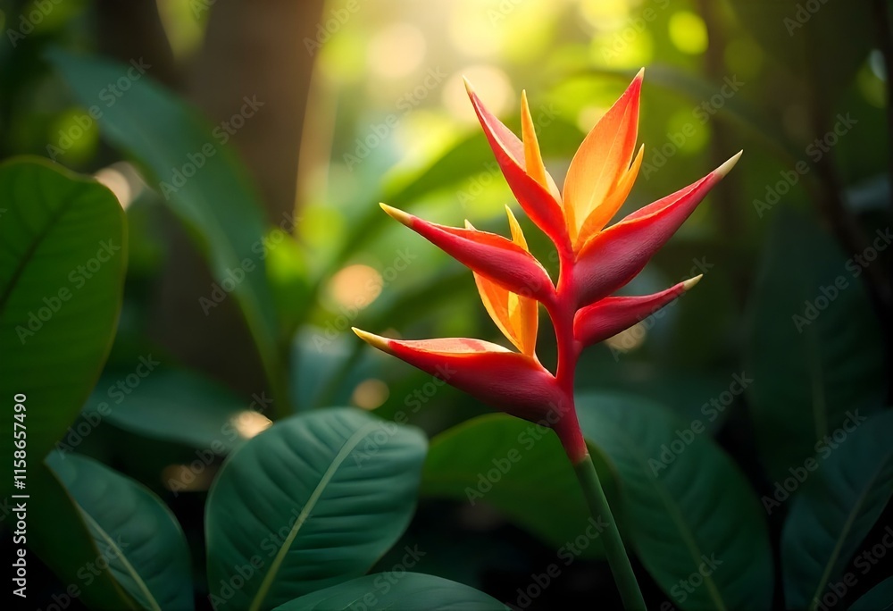 Red and orange heliconia flower blooming in tropical rainforest with sunlight