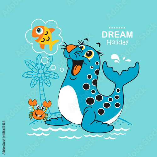 beach holiday with cartoon animals, vector illustration.