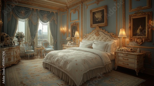 Luxurious blue and gold master bedroom with ornate furniture, large bed, and city view.