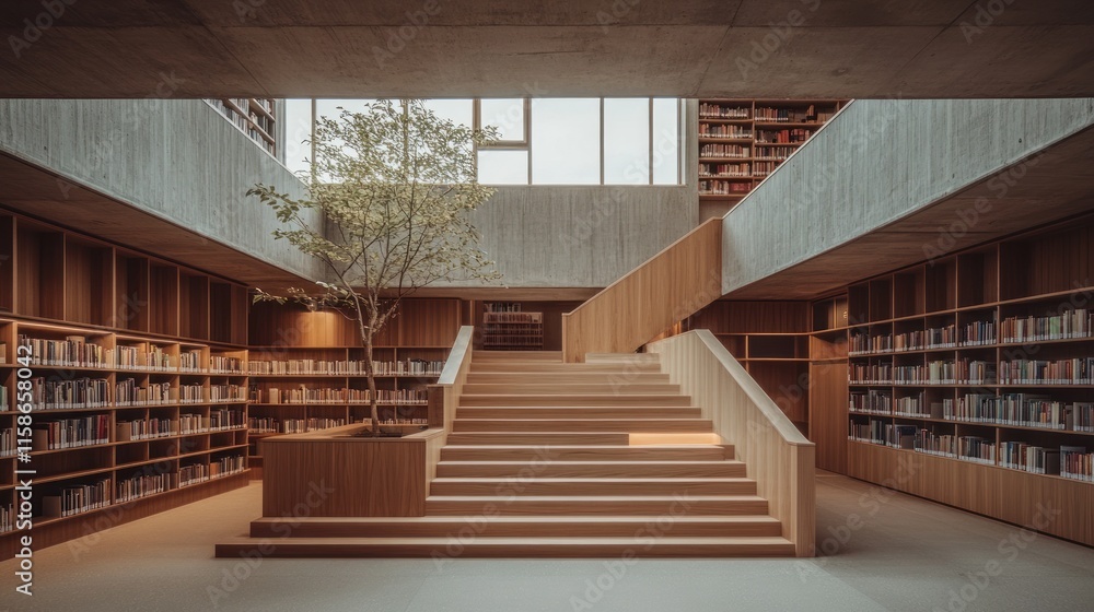 Obraz premium Modern library interior with wooden staircase, bookshelves, and tree.