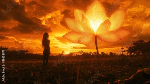 Woman silhouetted against sunset, gazing at giant luminous lotus flower.