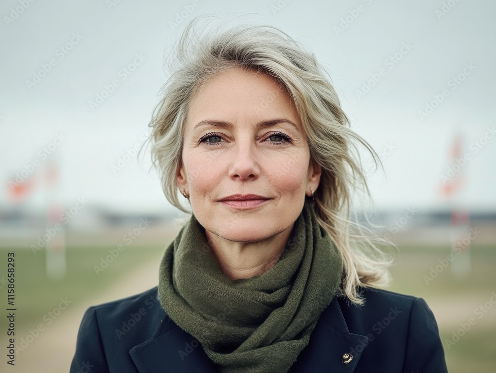 An elegant mature woman stands confidently on a beach, with a serene expression and a gentle breeze in her hair. An elegant mature woman stands confidently on a beach, with a serene expression and a gentle breeze in her hair.