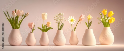 Pastel tulips and spring flowers in pear-shaped vases on pink background.