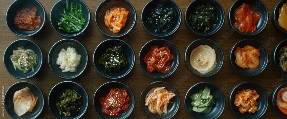 Overhead shot of various small bowls filled with assorted Korean side dishes (banchan). Overhead shot of various small bowls filled with assorted Korean side dishes (banchan).