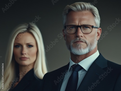 A confident, mature businessman with gray hair and glasses stands in focus, while a professional woman appears slightly blurred in the background. photo