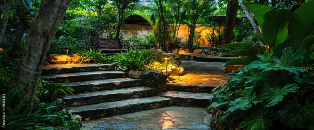 Illuminated stone steps in a lush, tropical garden at night.