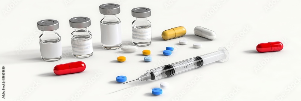 Medical Syringes And Vials With Colorful Pills Healthcare Objects On White Background Medical Syringes And Vials With Colorful Pills Healthcare Objects On White Background