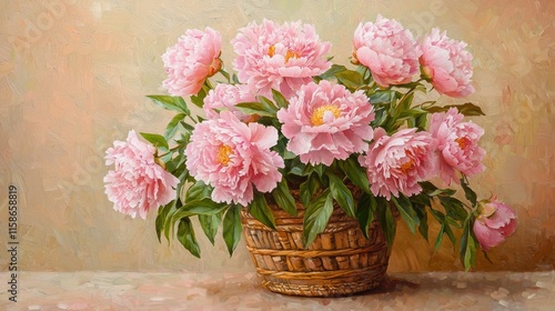 Wallpaper Mural Pink peonies in a wicker basket, still life painting. Torontodigital.ca