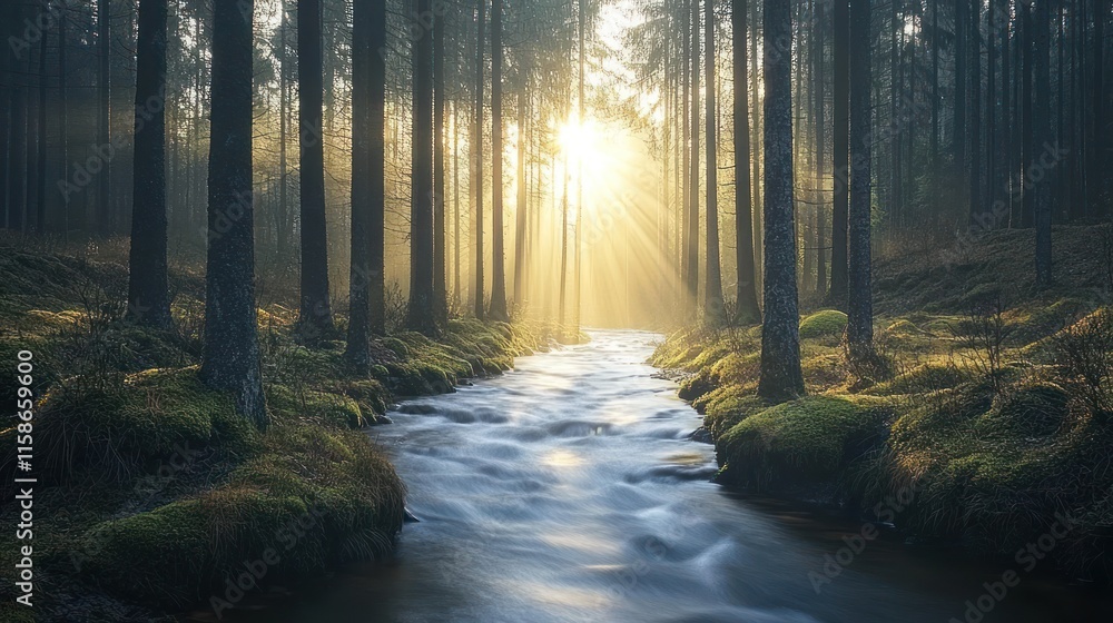 Fototapeta premium Sunbeams illuminate a misty forest stream at sunrise.