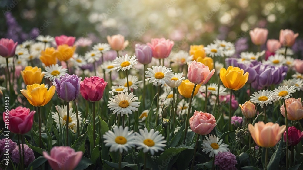 Obraz premium Colorful blooming tulips and daisies in a vibrant garden during spring sunshine