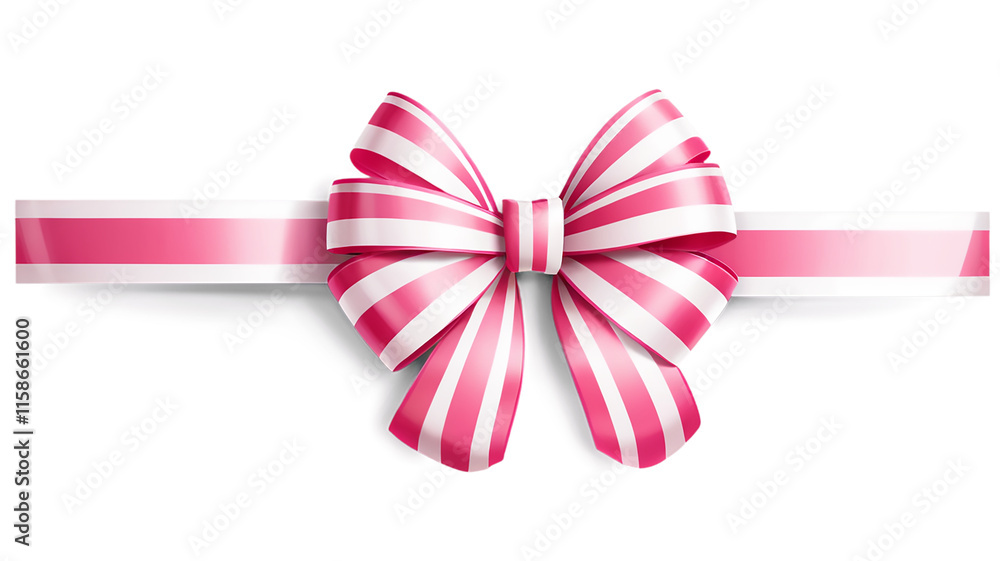 A gift ribbon bow with alternating pink and white stripes, placed on a transparent background.